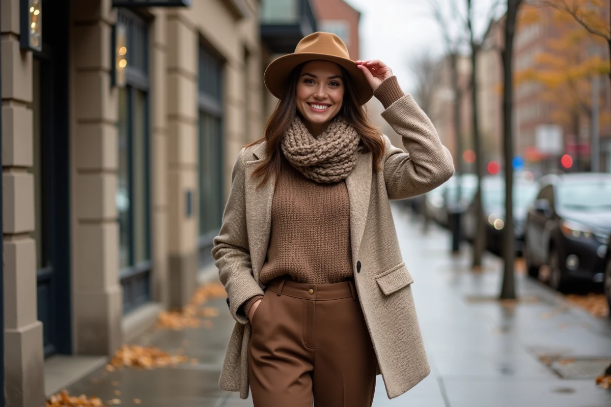 Femme élégante en automne ajustant son chapeau dans la ville