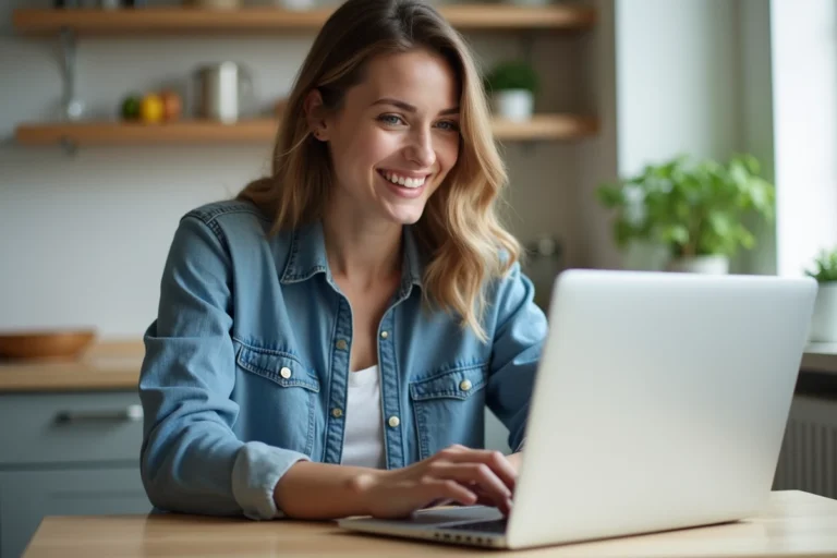 Jeune femme souriante utilisant un ordinateur dans une cuisine lumineuse