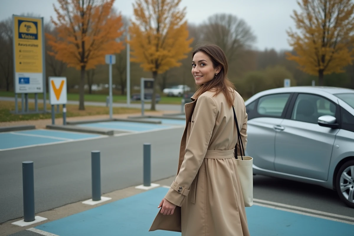 Femme rejoignant son covoiturage dans le parking Vinci à La Chapelle Saint Mesmin