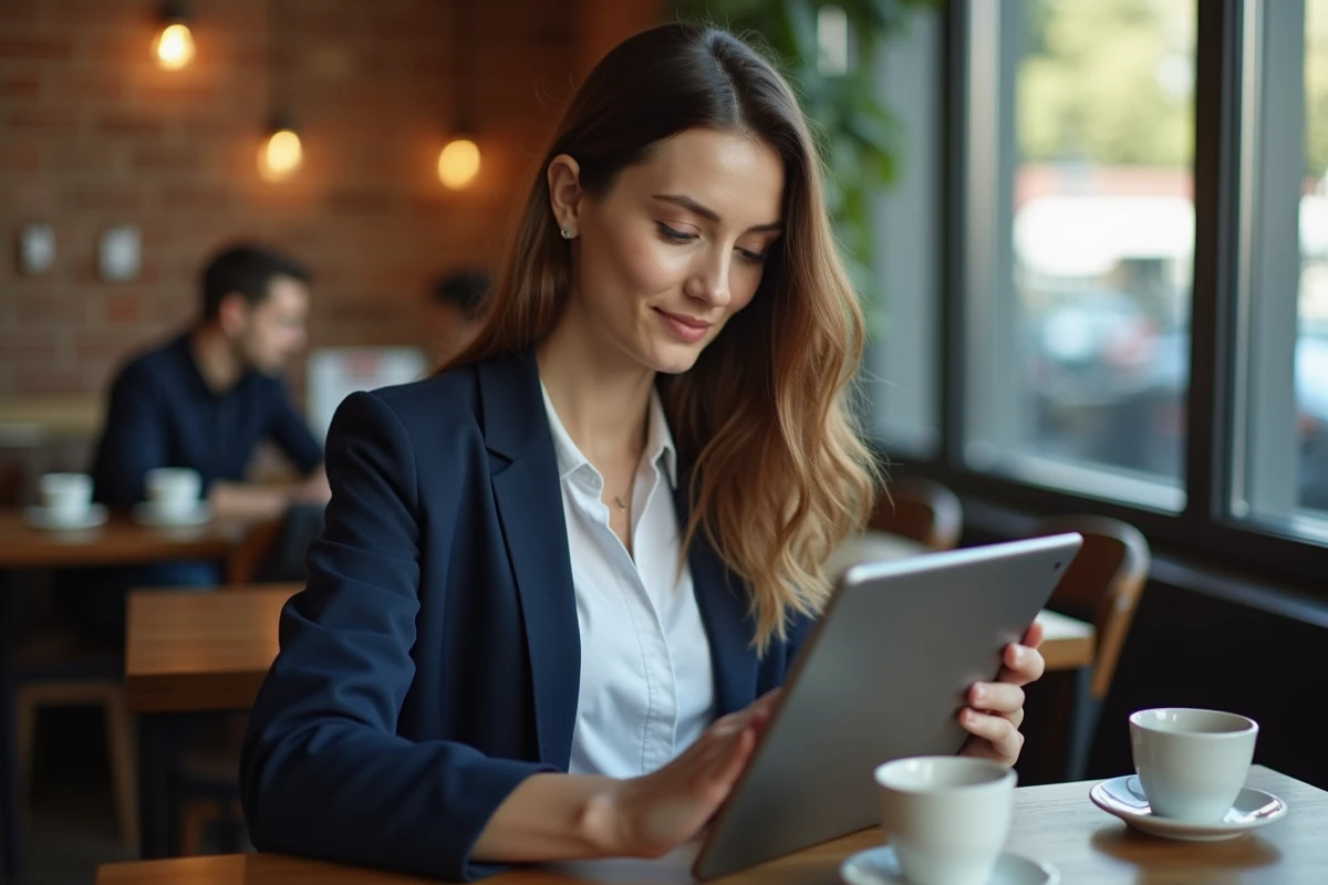 Femme utilisant une tablette en toute sécurité dans un café urbain moderne
