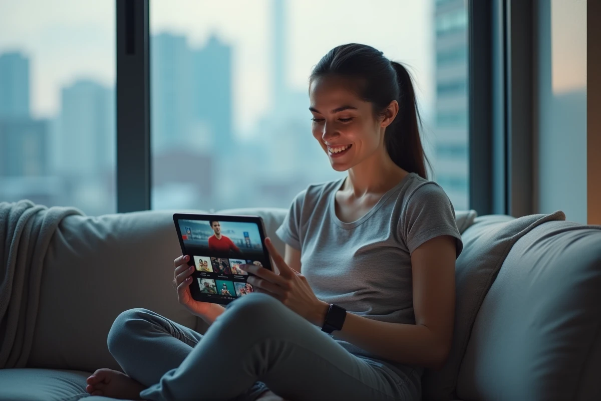 Femme utilisant une tablette pour regarder du sport en streaming sur un site alternatif