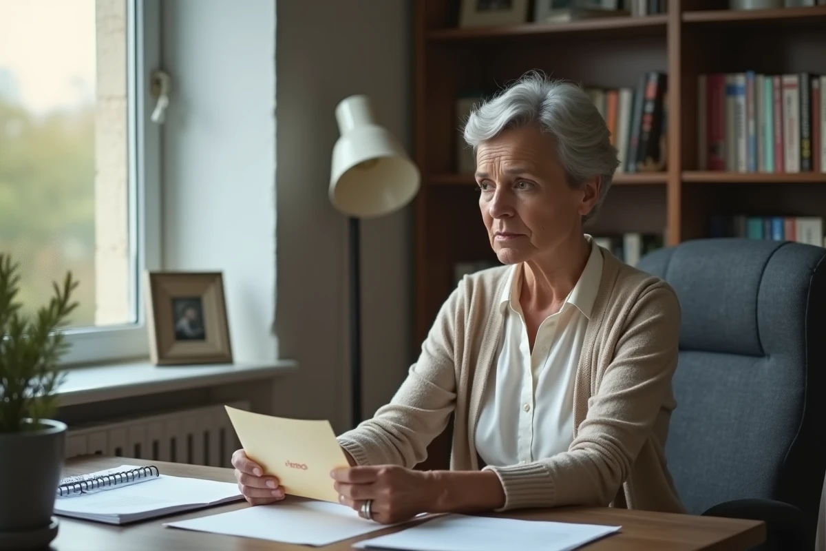 Femme pensant avec lettre impots dans un bureau