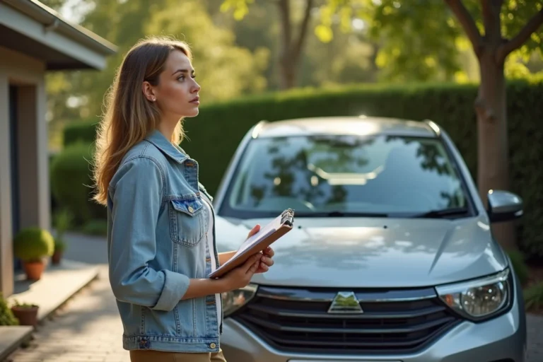 Femme en denim et khaki près d'une voiture dans un jardin