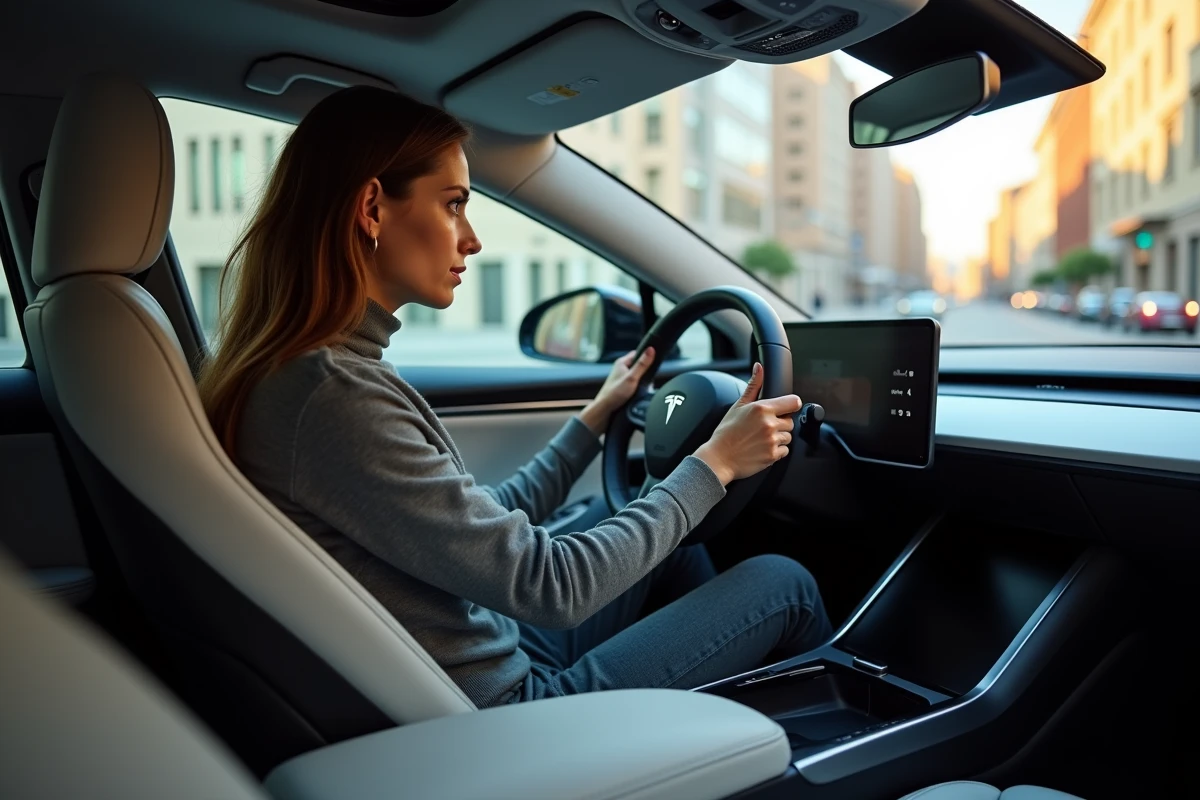 Femme au volant d'une berline électrique moderne explorant le tableau de bord numérique