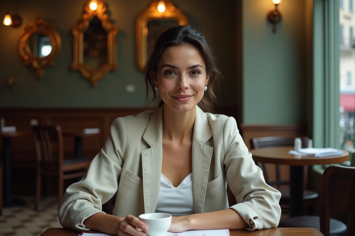 Jeune femme attablée dans un café parisien avec un carnet ouvert, évoquant le parcours personnel et professionnel de Flora Moussy