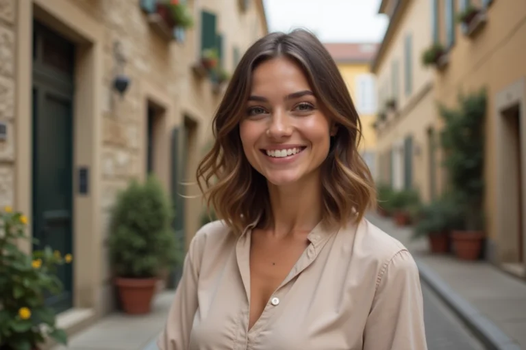 Portrait d'une jeune femme française souriante dans une rue pavée de province, illustrant les origines de Flora Moussy