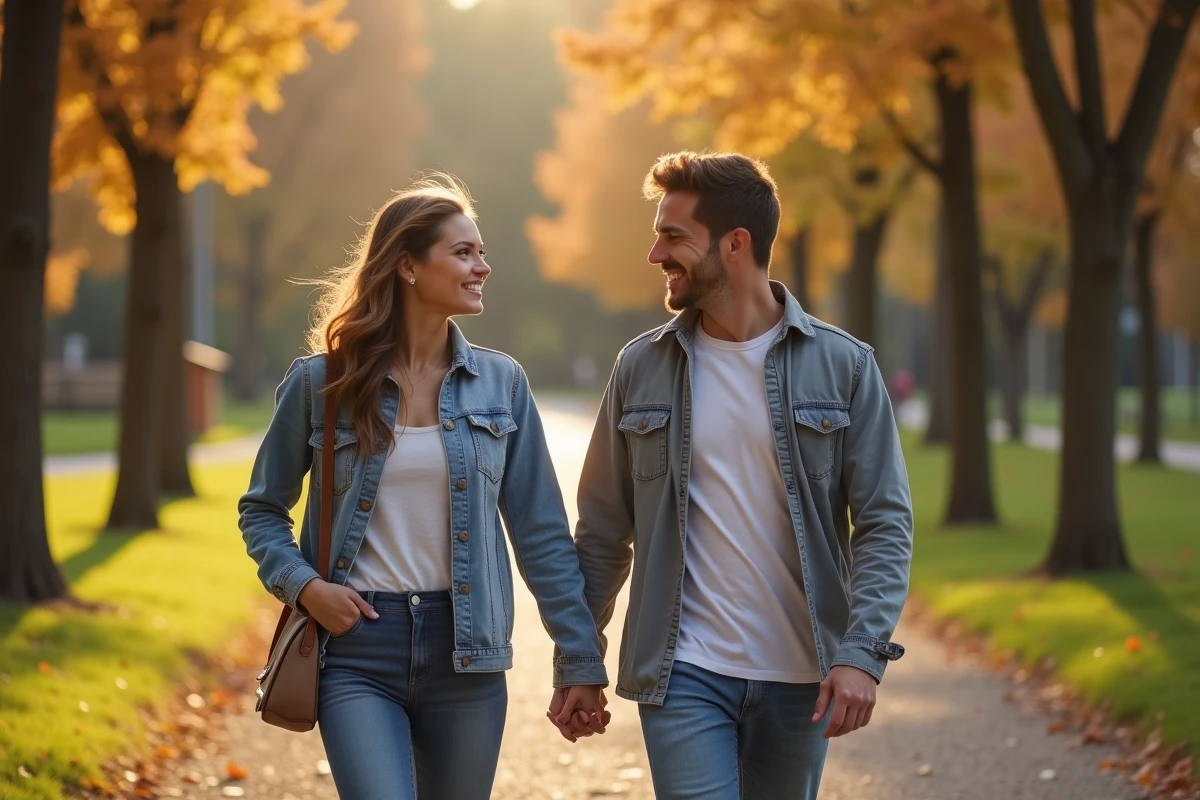Couple se promenant dans un parc urbain en automne, illustrant la vie amoureuse et personnelle de Flora Moussy aujourd'hui