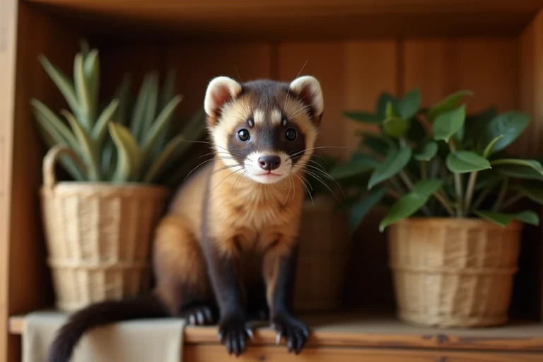 Fouine ou furet domestique aux yeux vifs posé sur une étagère en bois rustique à l'intérieur d'une maison chaleureuse