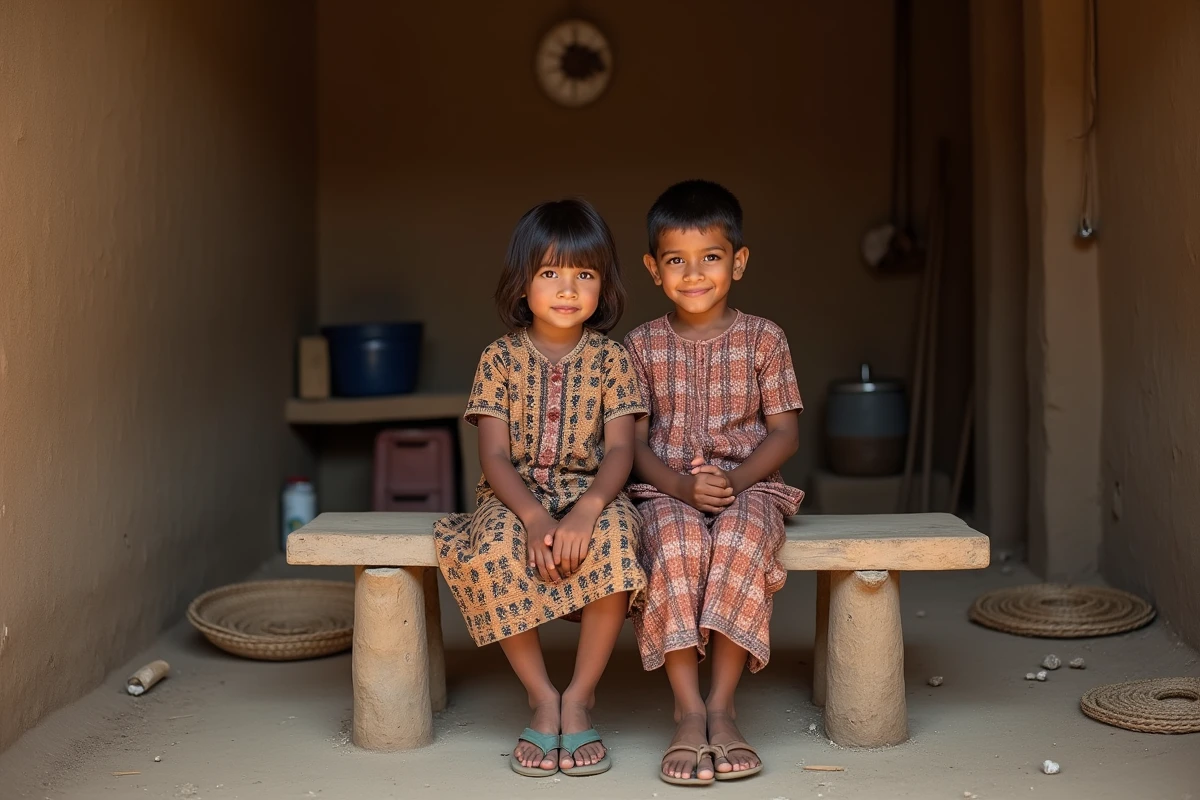 Freres et soeurs assis sur un banc modeste