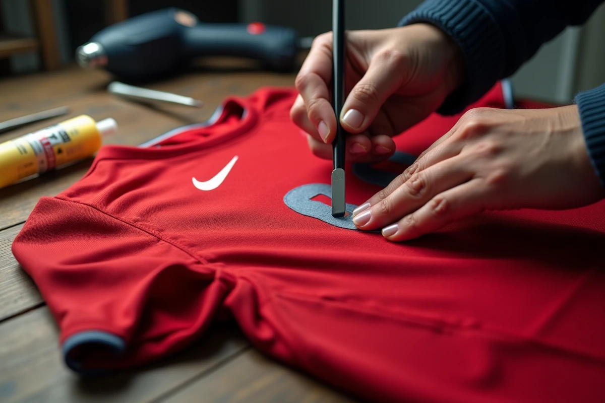 Gros plan sur l'application de colle thermocollante sous un flocage décollé sur un maillot rouge avec une spatule