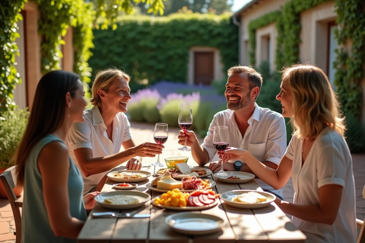 Groupe d'amis voyageurs partageant un repas dans une villa provençale lors d'un voyage libertin en France