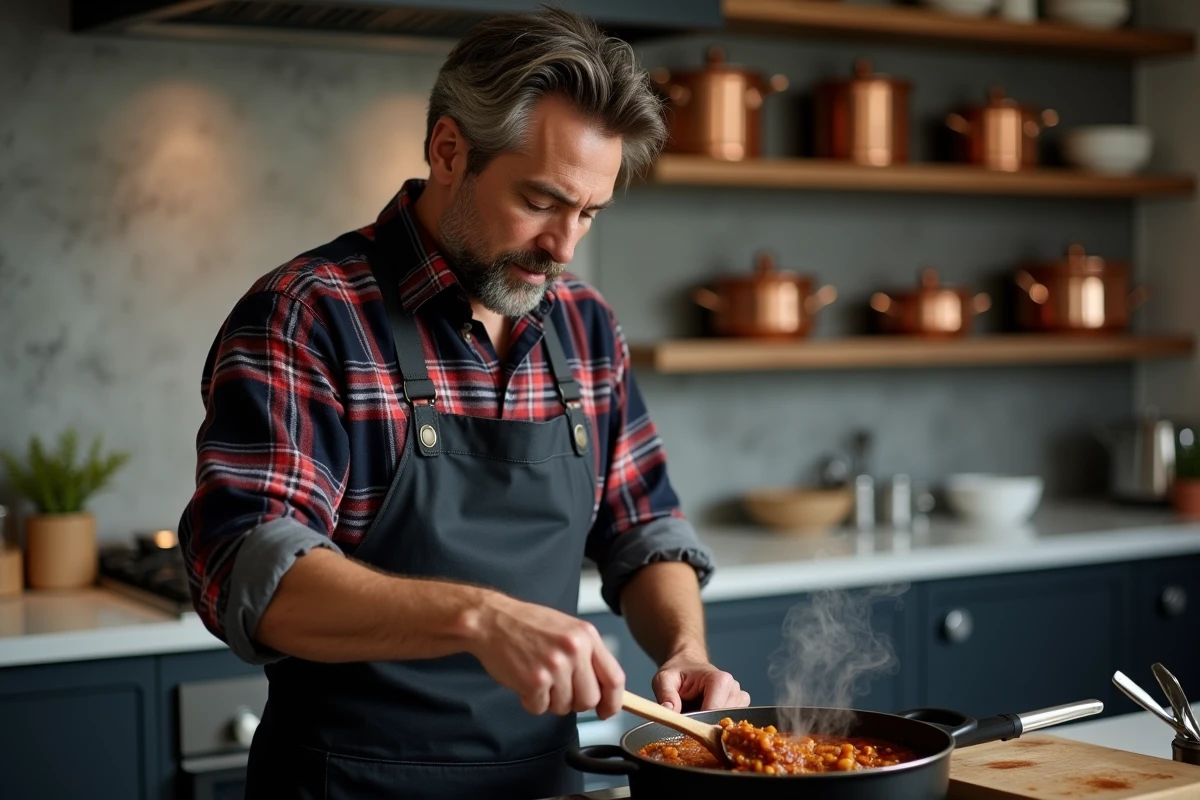 Homme en tablier remuant une cocotte mijotée sur une cuisinière moderne dans une cuisine urbaine