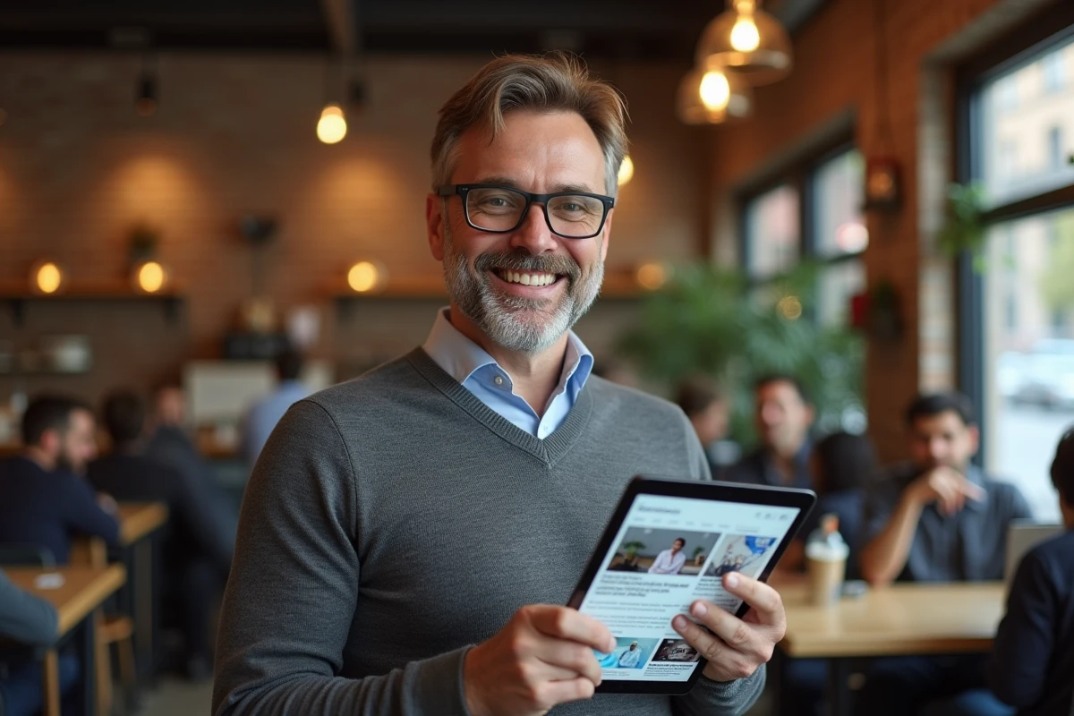 Homme lisant les tendances et actualités sur une tablette numérique dans un café contemporain