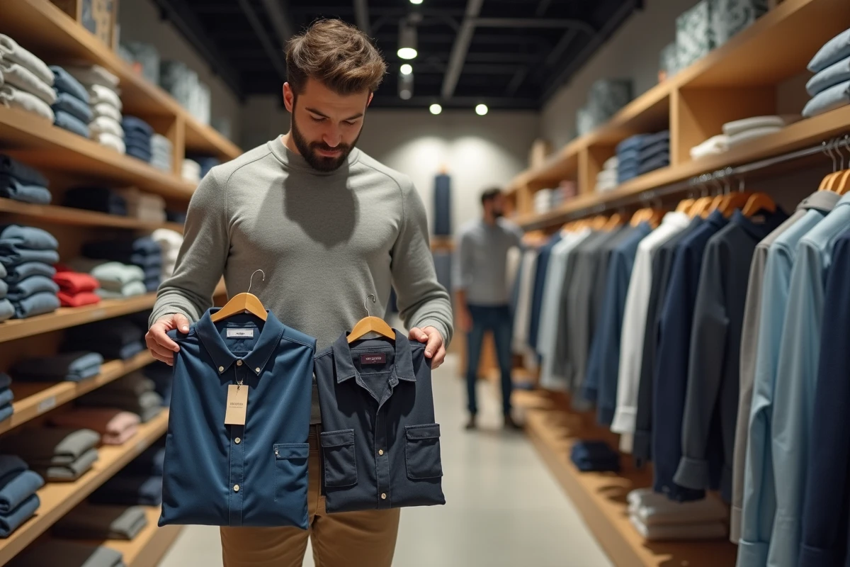 Homme compare étiquettes de chemises dans un magasin moderne