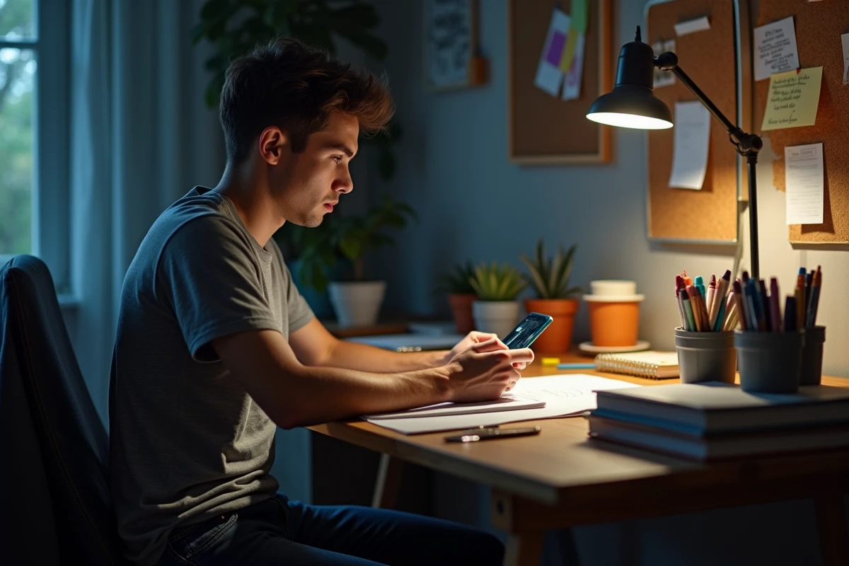 Jeune homme consultant un webtoon sur smartphone dans un bureau créatif à domicile, évoquant l'univers des lecteurs passionnés de webtoons sur Manytoon