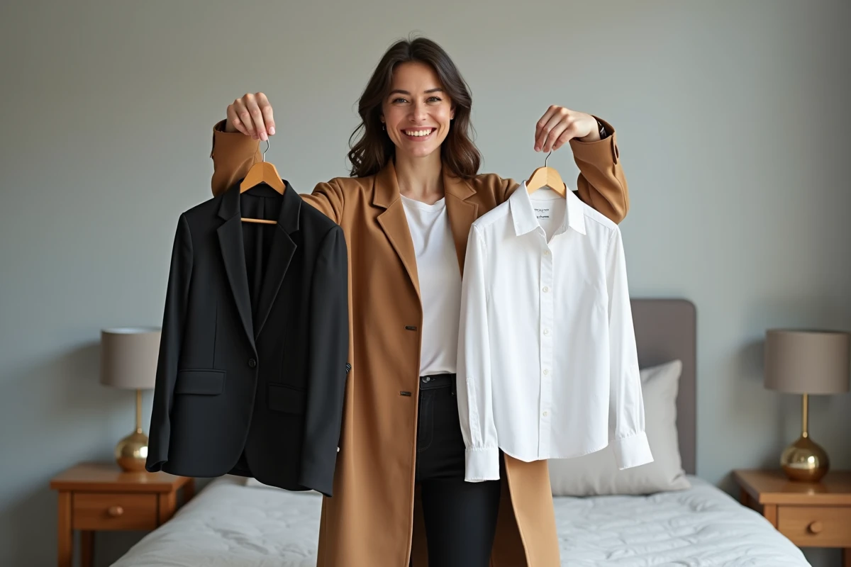 Femme présentant ses trois pièces signatures intemporelles plutôt que de suivre les tendances mode