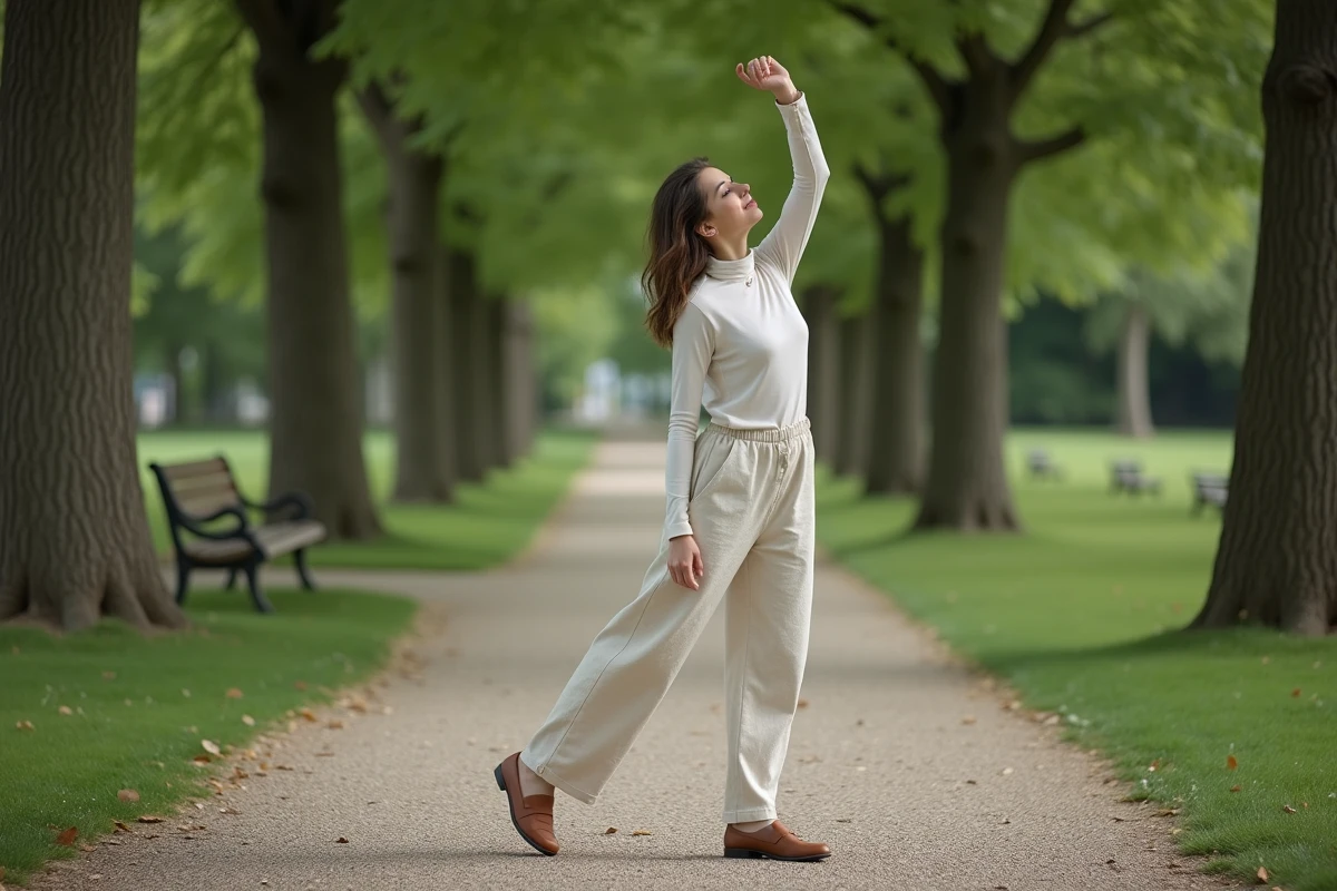 Femme testant le confort et la liberté de mouvement de sa tenue dans un parc urbain