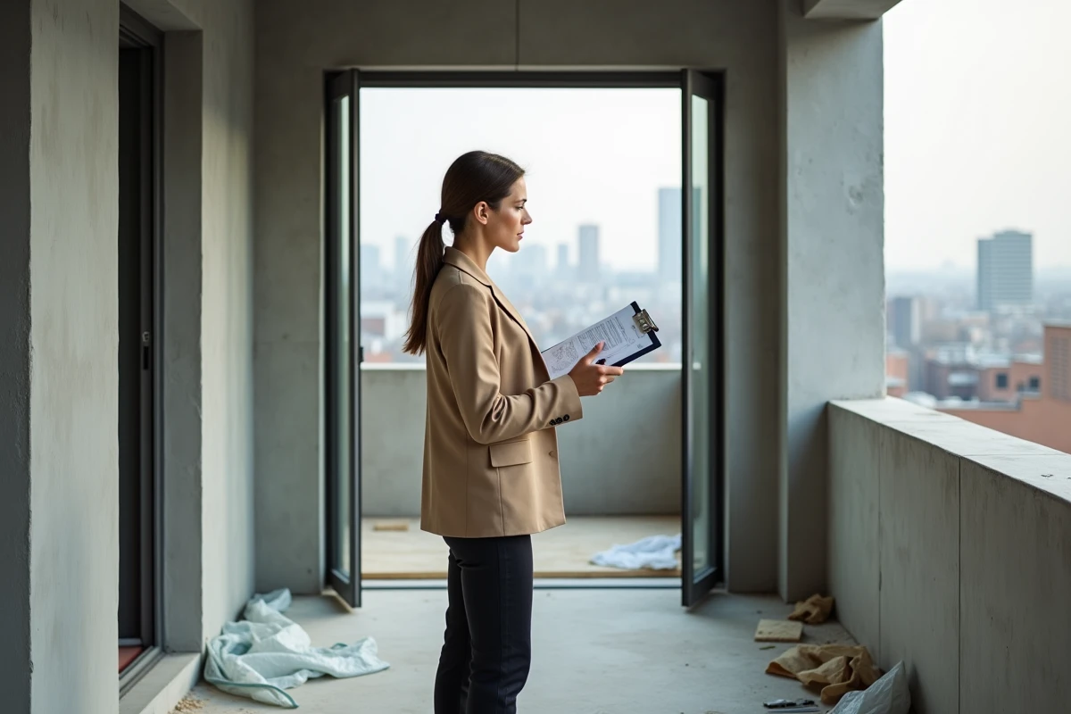Femme investisseur immobilier évaluant un appartement en rénovation avec clipboard sur un balcon en chantier