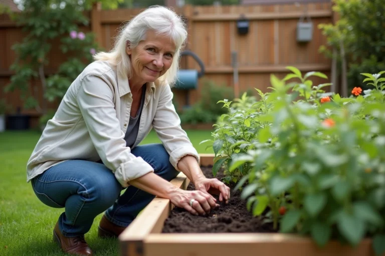 Femme plantant des jeunes tomates dans un jardin au printemps