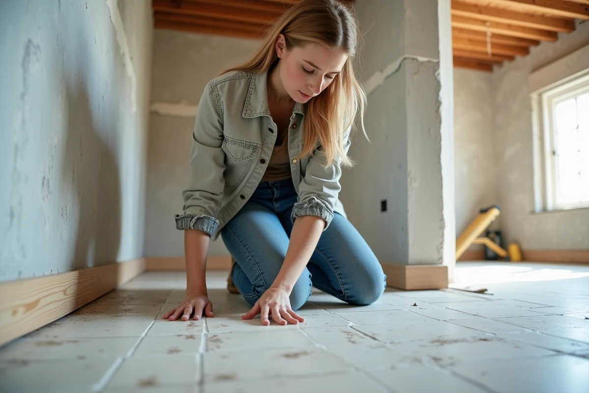 Jeune femme posant des plinthes dans une maison en rénovation