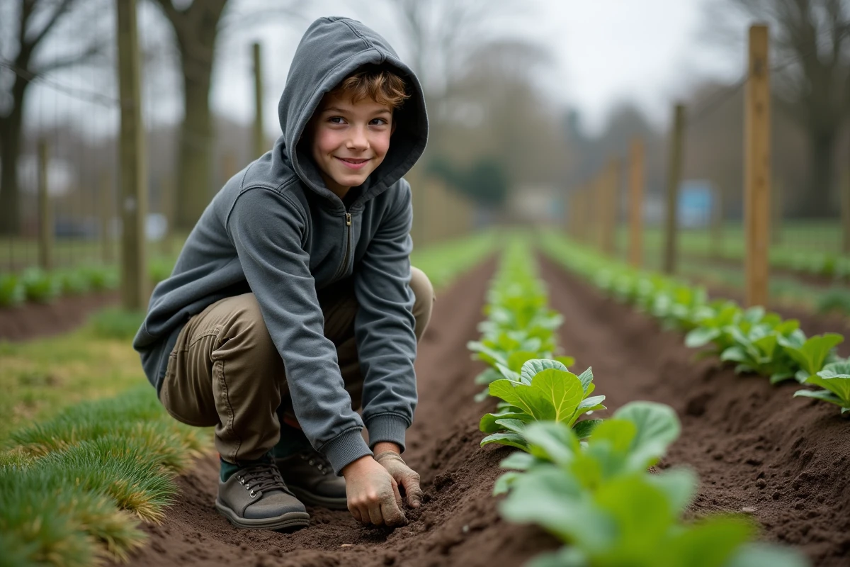 Garçon arrosant ou désherbant dans un jardin communautaire