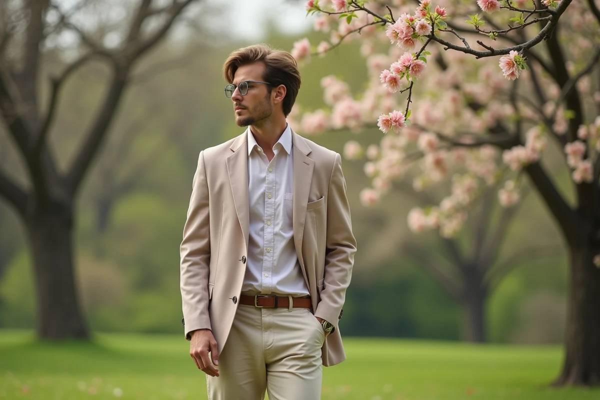 Jeune homme en tenue printaniere dans un parc fleuri