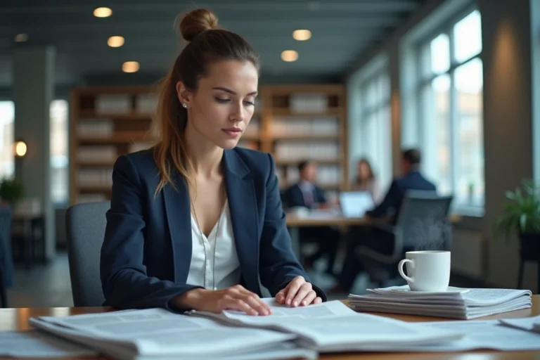 Journaliste femme consultant les actualités du jour dans une salle de rédaction moderne avec journaux et ordinateur portable