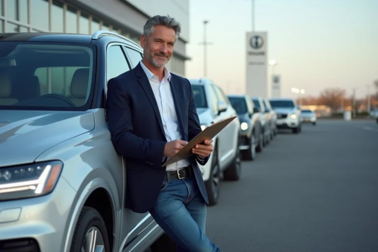 Journaliste automobile prenant des notes lors d'un essai de SUV moderne dans un parking de concession