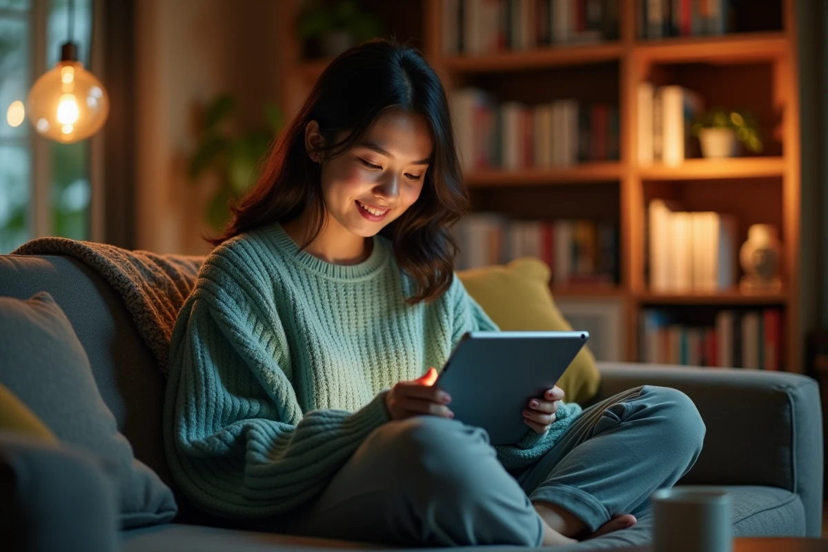 Jeune femme lisant un webtoon sur tablette dans un salon cosy, illustrant la fascination pour les webtoons populaires sur Manytoon en 2026