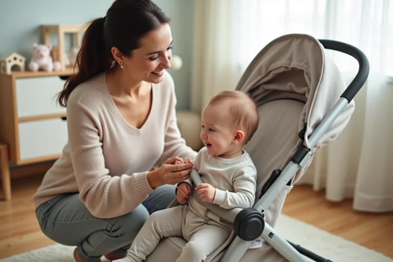 Jeune maman souriante avec bébé dans une poussette moderne
