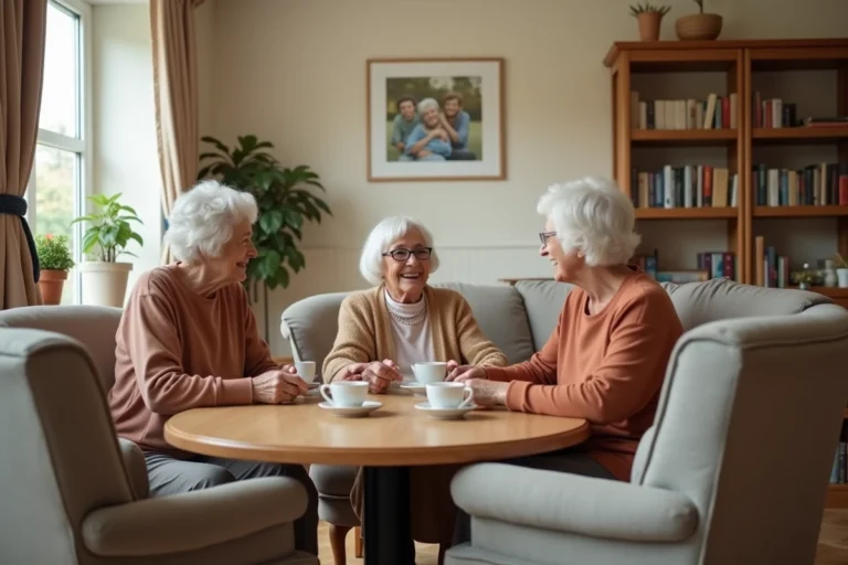 Trois femmes âgées partageant un moment convivial autour d'une table dans une maison Marguerite chaleureuse et accueillante