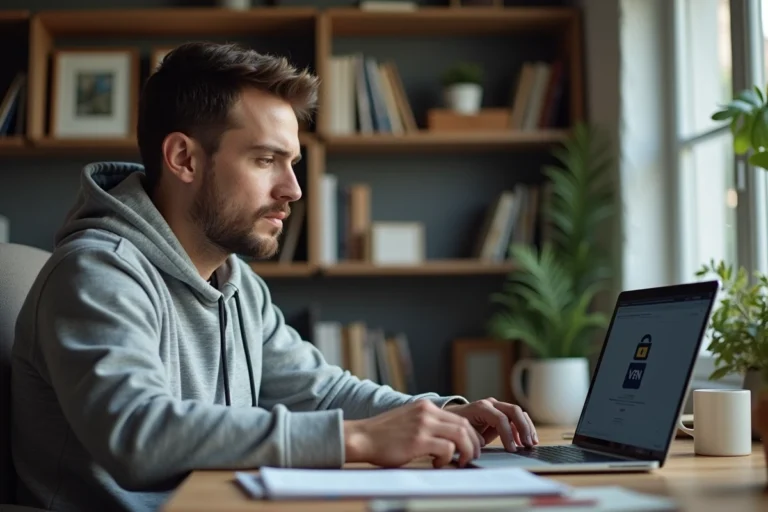 Homme naviguant en toute sécurité sur internet avec un VPN depuis son bureau à domicile
