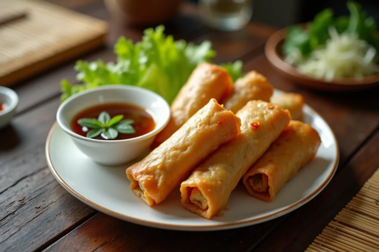 Assiette de nems dorés et croustillants servis avec sauce nuoc-cham et herbes fraîches sur une table en bois dans un restaurant asiatique