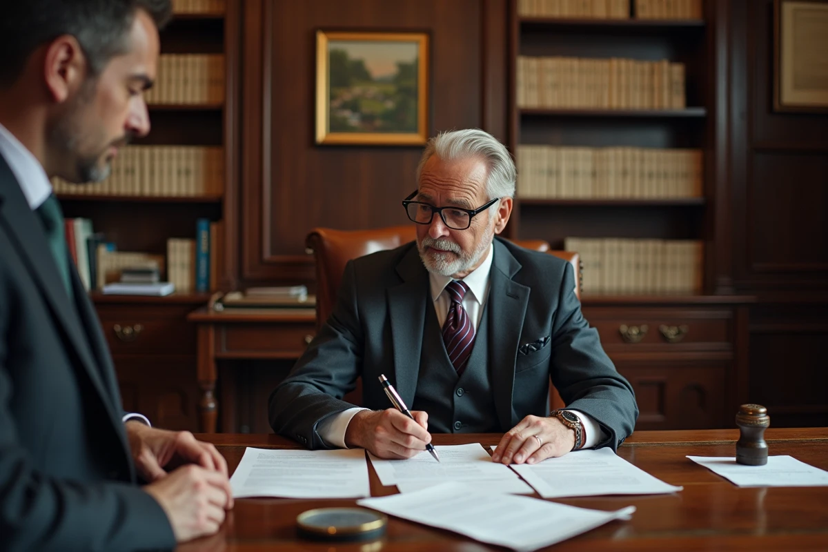 Notaire et client signant un contrat immobilier dans un bureau notarial traditionnel avec documents officiels