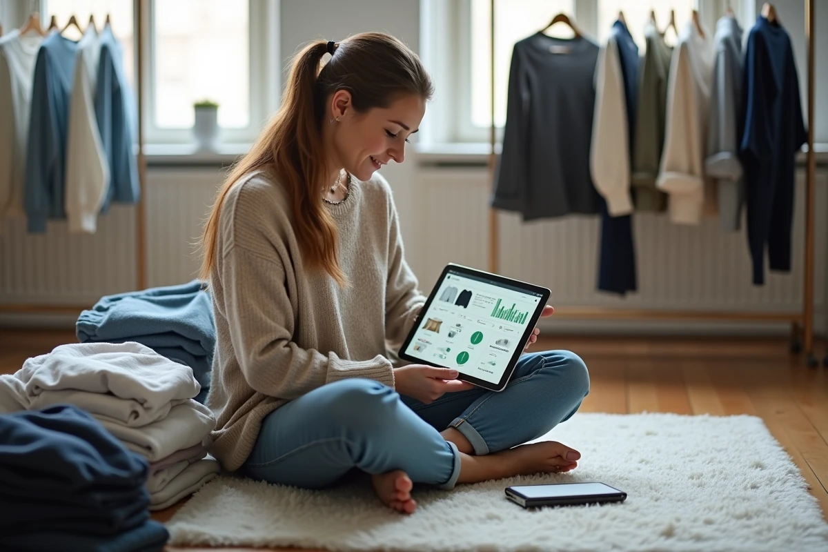 Femme utilisant une application de gestion de garde-robe sur tablette pour auditer ses achats vestimentaires