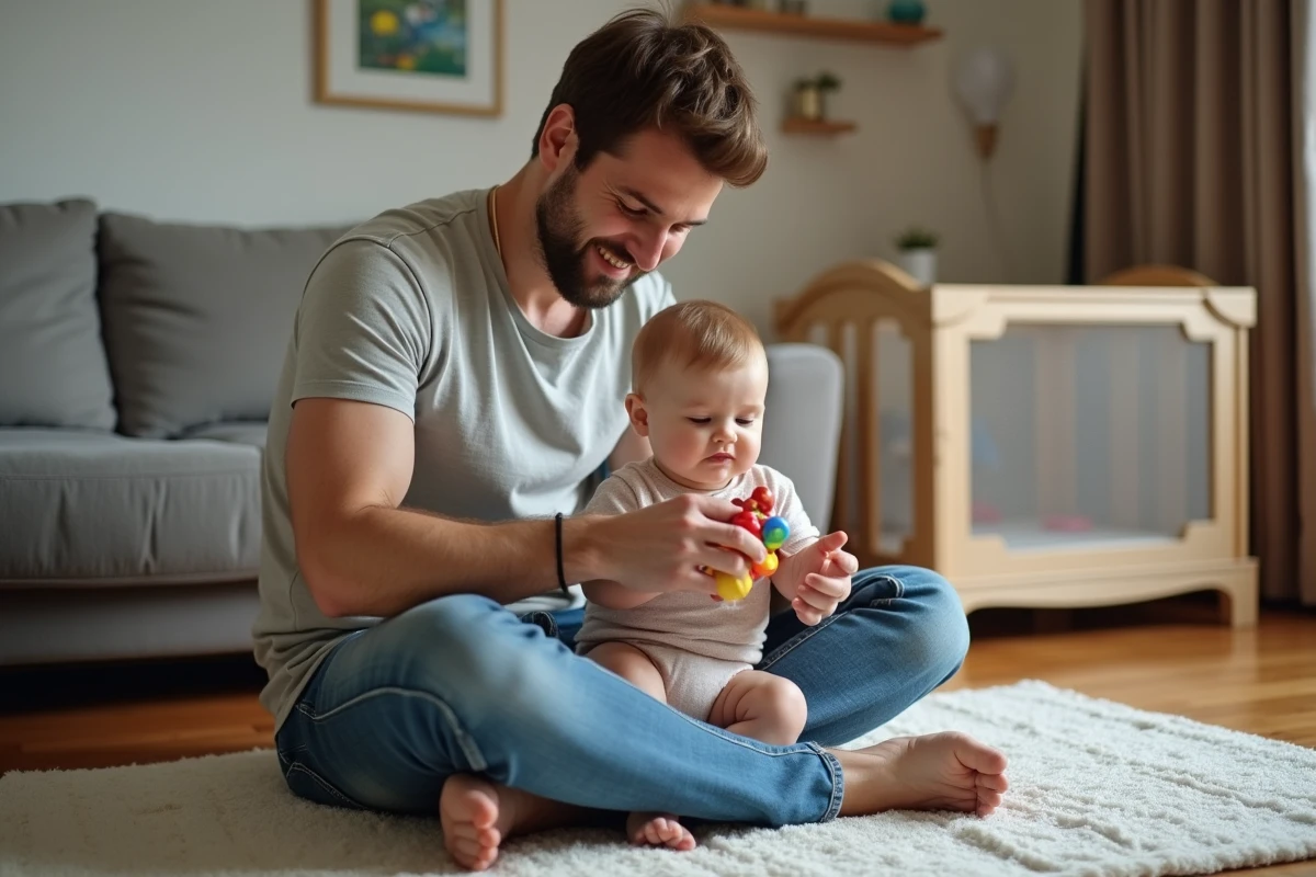 Père montrant à sa fille comment tenir un hochet coloré