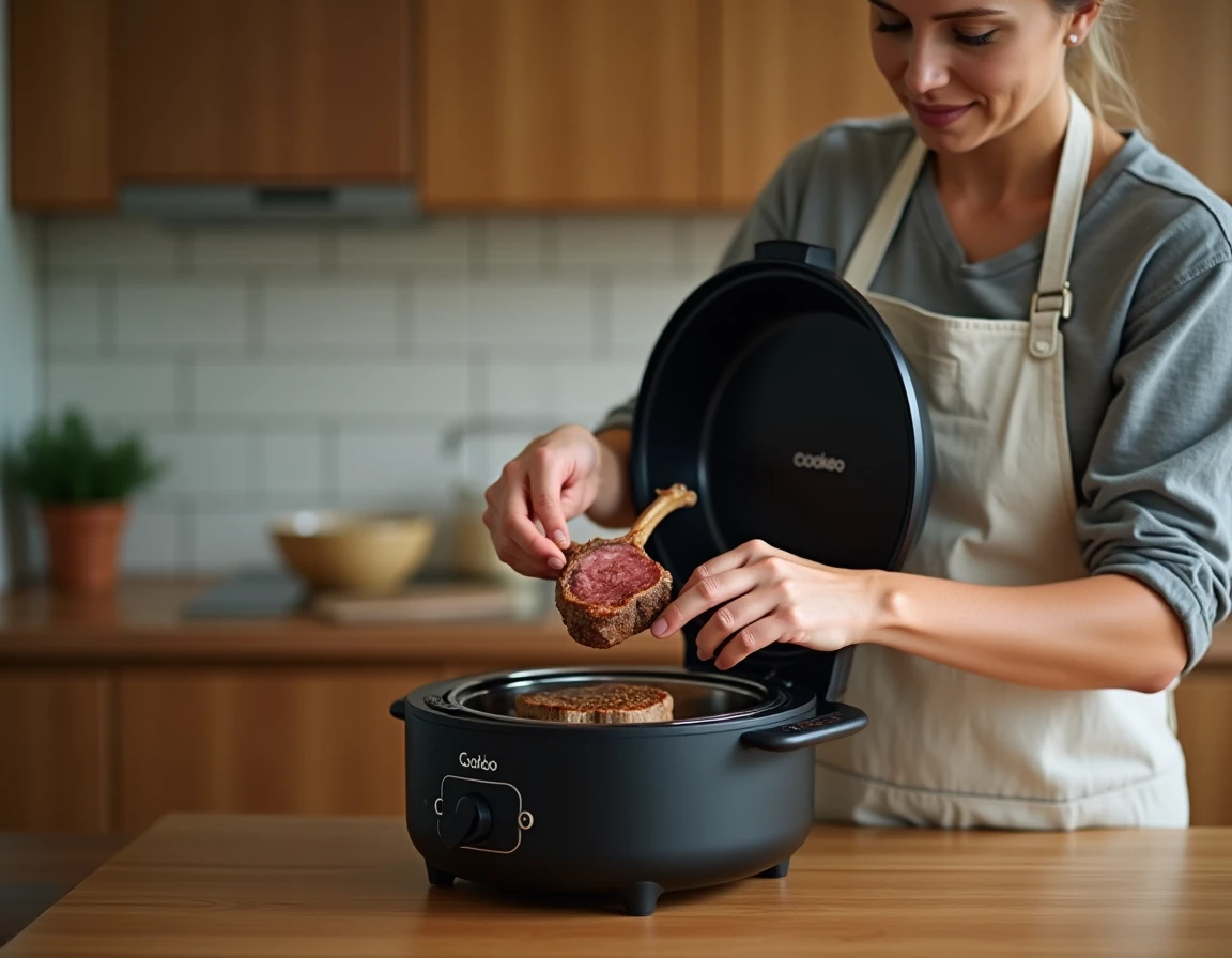 Personne plaçant des côtes d'agneau assaisonnées dans un Cookeo Extra Crisp sur un îlot de cuisine en bois