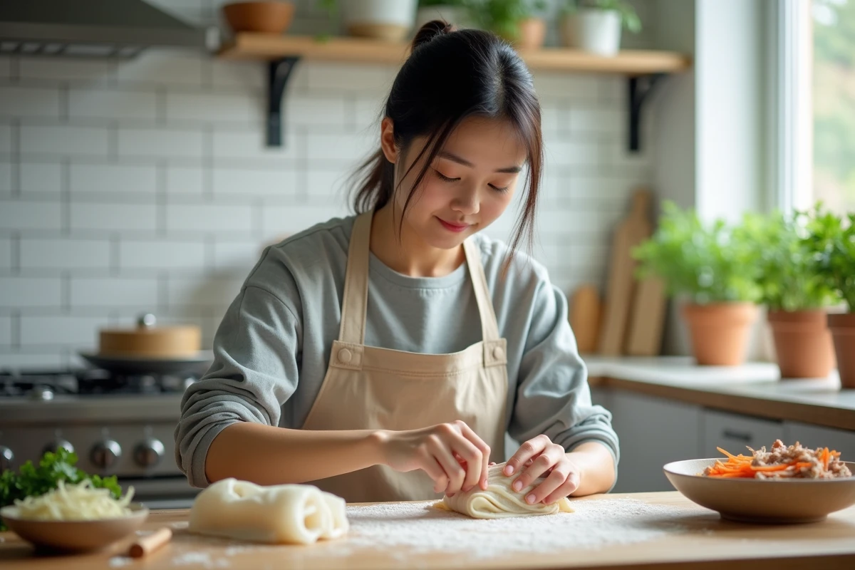 Jeune femme asiatique préparant des nems maison en roulant des galettes de riz farcies dans une cuisine moderne