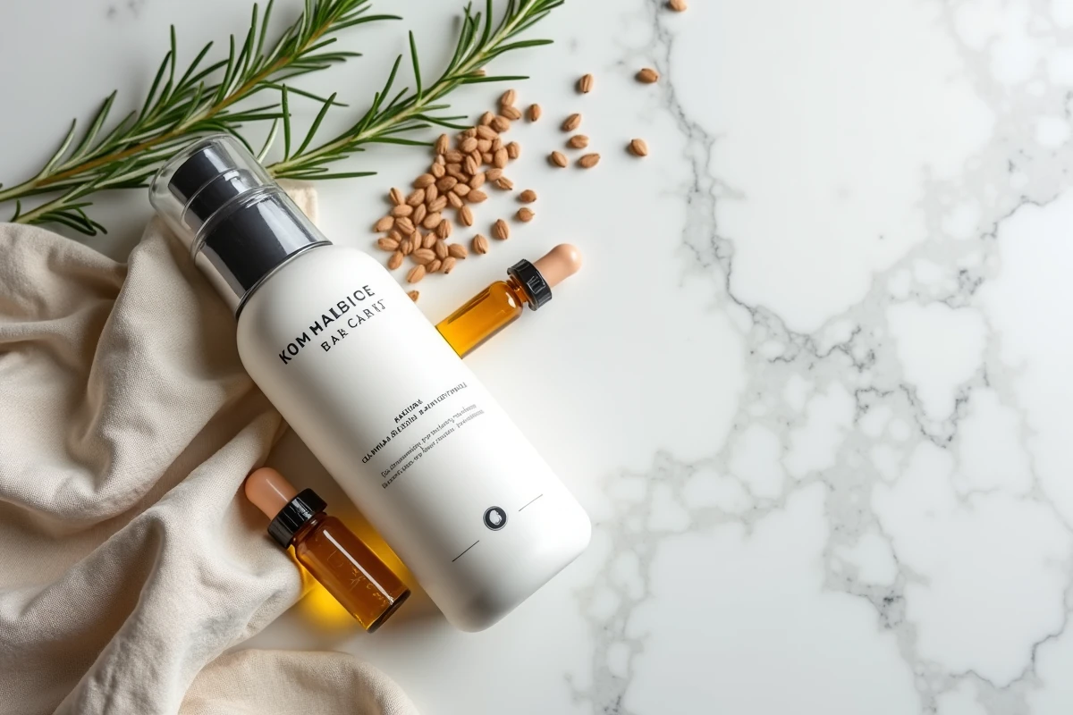 Présentation du produit Level Up Carli en flat lay sur marbre blanc avec des ingrédients naturels comme l'huile d'argan et le romarin, style editorial beauté