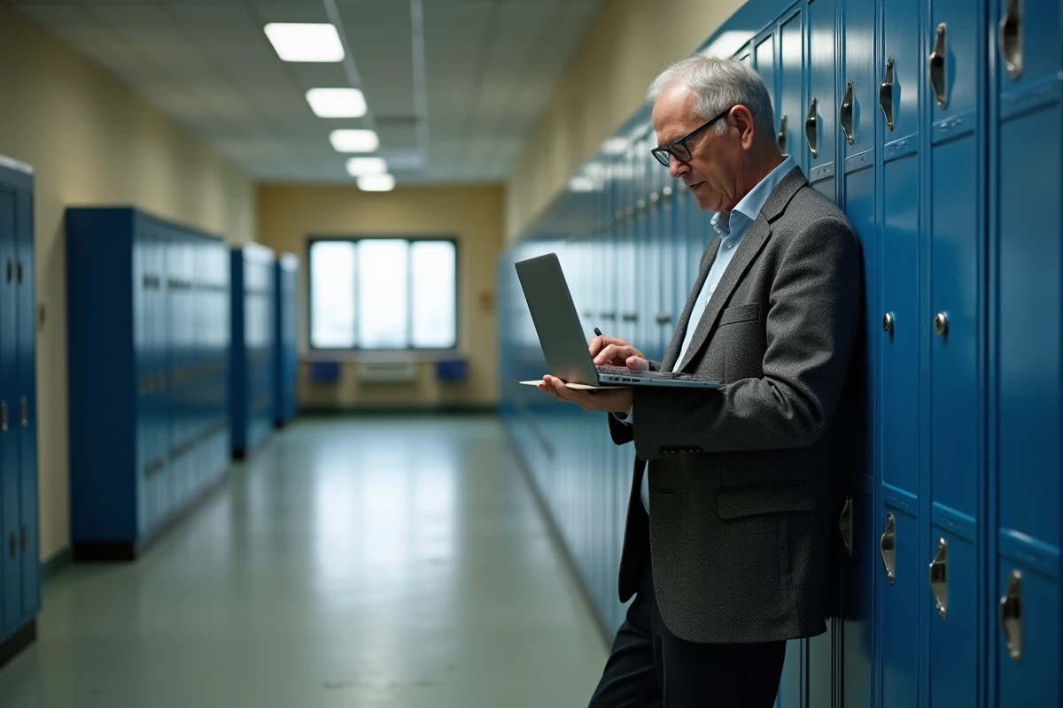 Professeur masculin en fin de carrière consultant ses droits à la retraite sur un ordinateur portable dans un couloir scolaire
