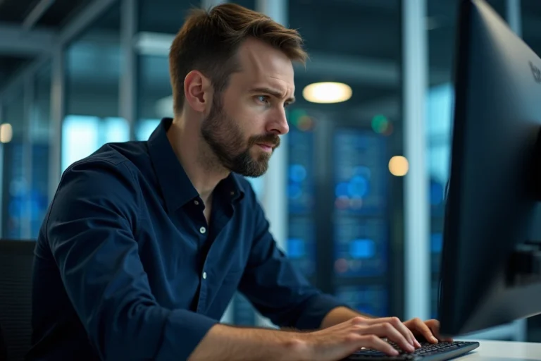 Homme en chemise navy configure un réseau informatique moderne