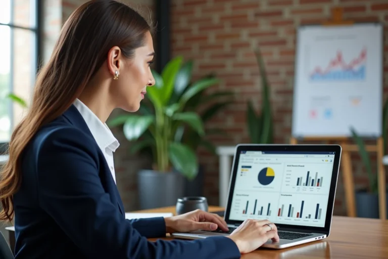 Professionnelle analysant les performances d'un blog d'entreprise sur un ordinateur portable dans un bureau moderne
