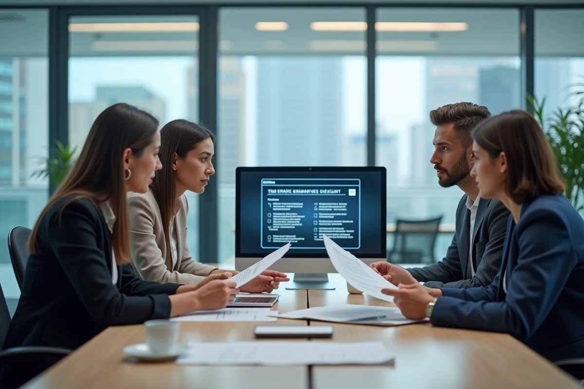 Groupe de professionnels analysant des mesures de cybersécurité dans un bureau moderne