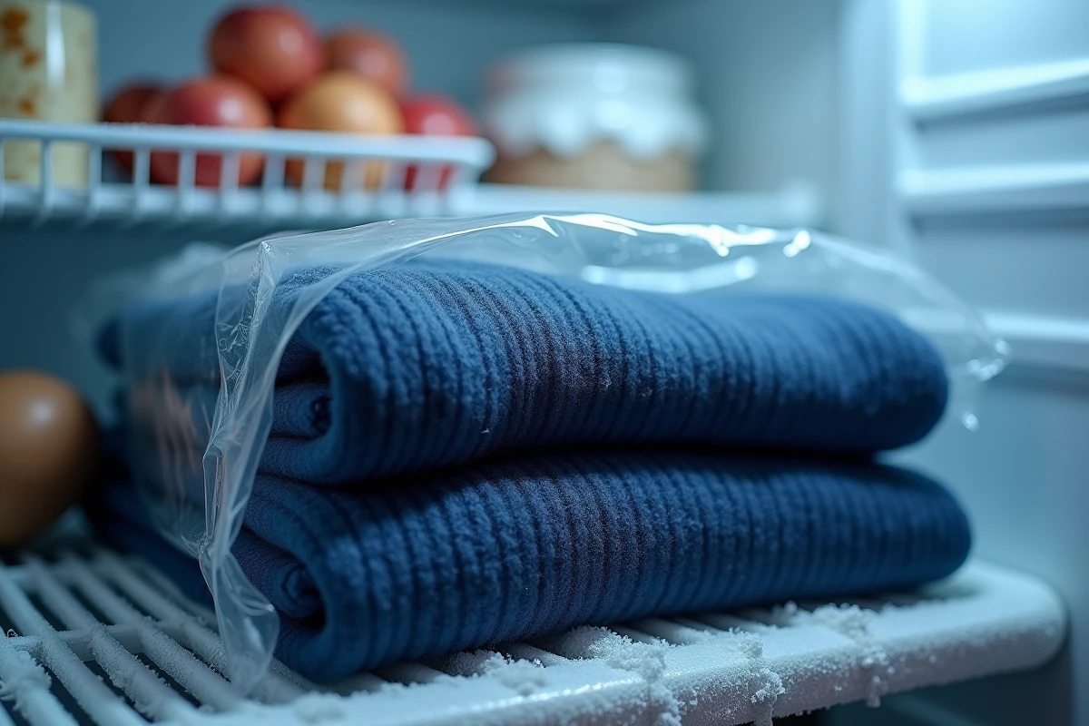 Pull en cachemire bleu marine dans un sac plastique scellé posé sur l'étagère givrée d'un congélateur ouvert