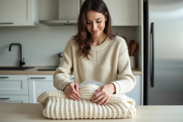 Femme pliant un pull en laine pour le mettre au congélateur dans un sac zip dans une cuisine moderne