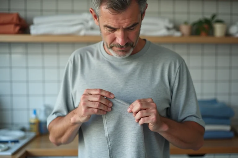 Homme réparant un flocage décollé sur un maillot de sport avec de la colle tissu dans une buanderie