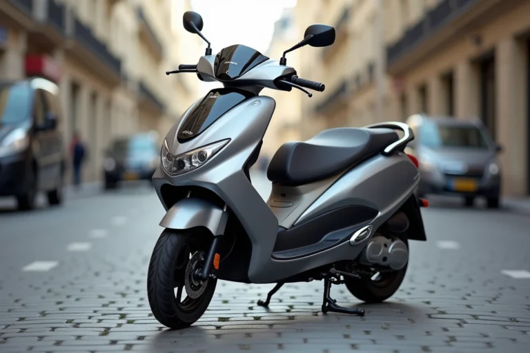 Scooter 400 cm3 moderne garé sur un trottoir parisien avec façades haussmanniennes en arrière-plan