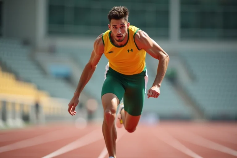 Sprinteur masculin en position de départ sur une piste d'athlétisme professionnelle lors d'un 100 mètres