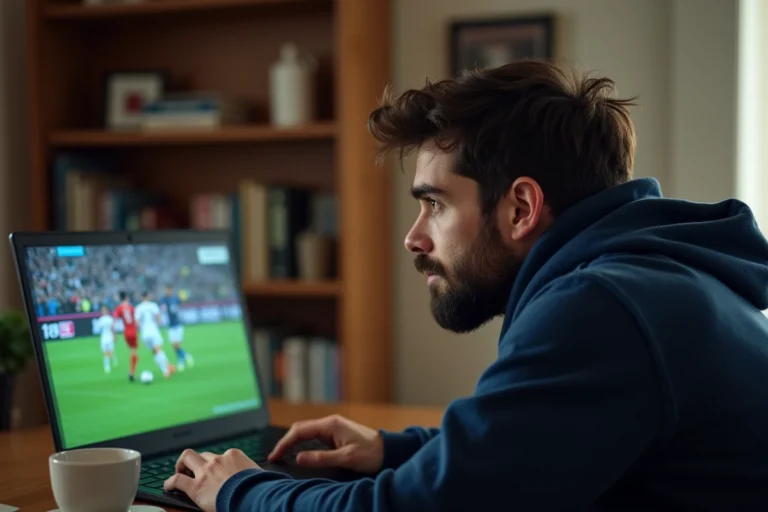 Homme regardant un match de sport en streaming sur un ordinateur portable depuis son salon