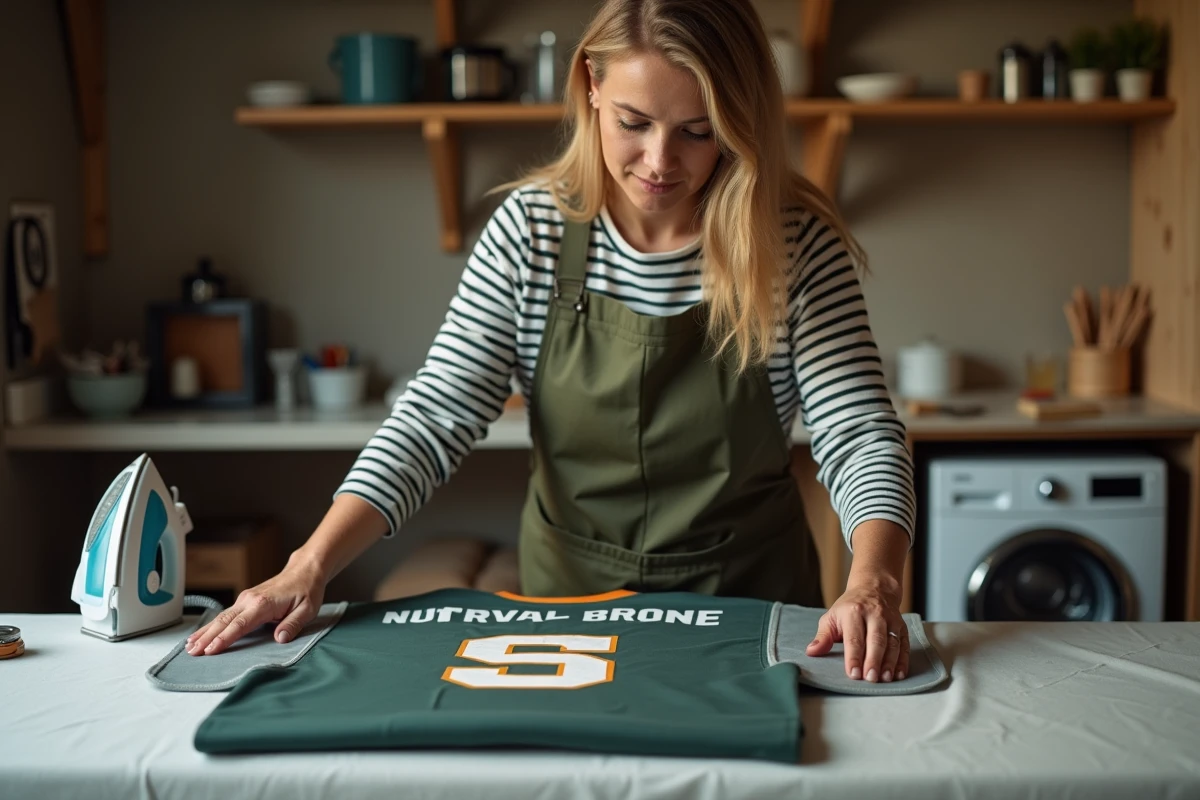 Femme appliquant une presse silicone sur un flocage recollé sur un maillot posé sur une planche à repasser